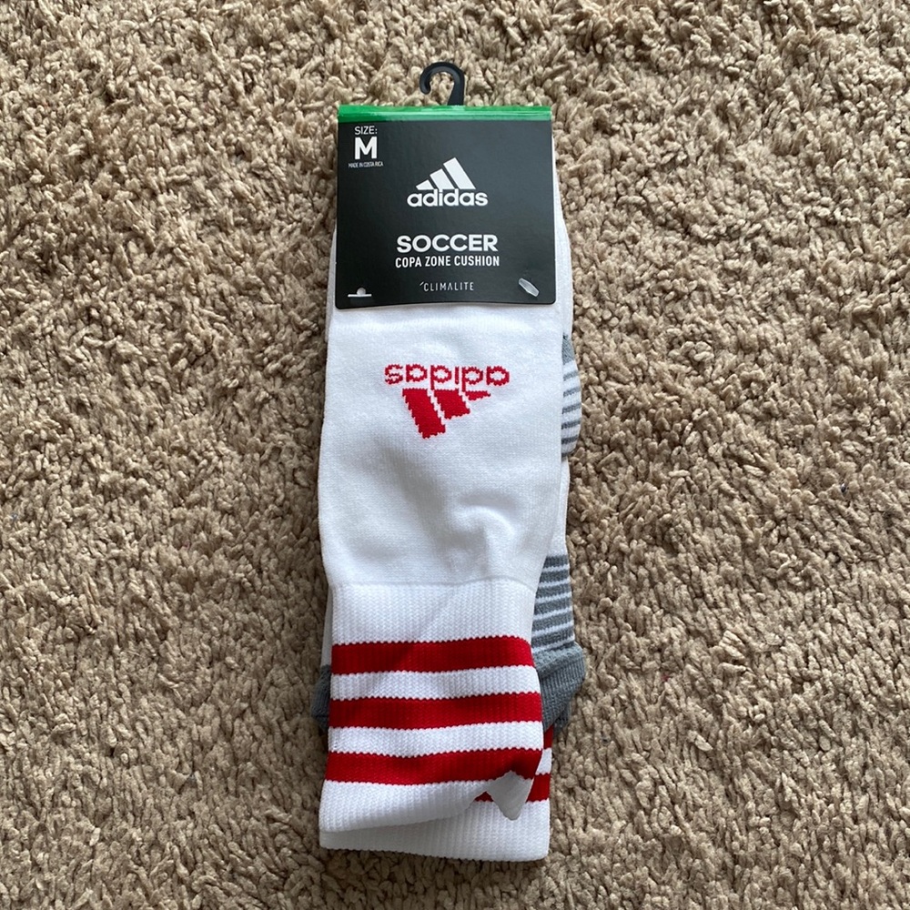 NWT Adidas White, Gray, and Red Soccer Socks